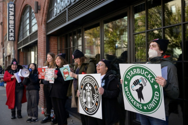 Starbucks workers protested in New York City as part of a planned strike in over 100 US stores on Thursday