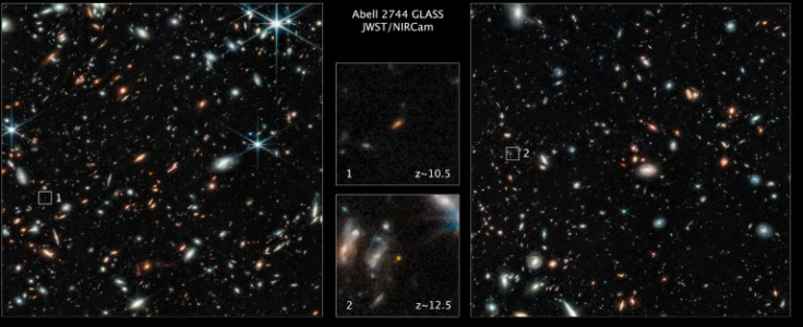 Two of the farthest galaxies seen to date of the outer regions of the giant galaxy cluster Abell 2744 are seen in a handout image from NASA's James Webb Space Telescope Near-Infrared Camera (NIRCam) released by NASA and STScl