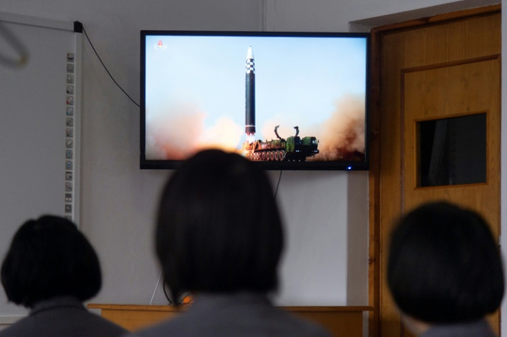 North Korean students watch footage of the March 2022 launch of the Hwasong-17 missile -- Pyongyang's first ICBM test since 2017