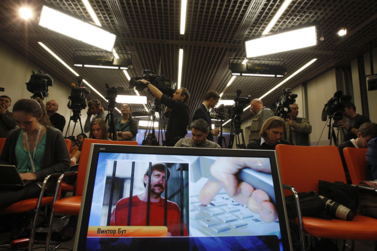Journalists attend a news conference of Russian arms dealer Bout, his wife and lawyer via a video link from the U.S. in Moscow