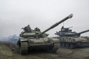 Ukrainian army tanks head toward the front line in Kherson in southern Ukraine