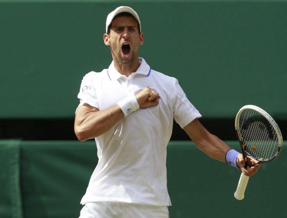Novak Djokovic of Serbia reacts during his men039s singles final match against Rafael Nadal of Spain at the Wimbledon tennis championships in London