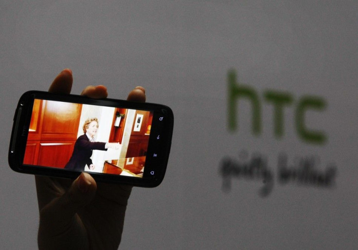 A new HTC Android-based smartphone &quot;Sensation&quot; is displayed during a news conference for the launch of the product in Taipei