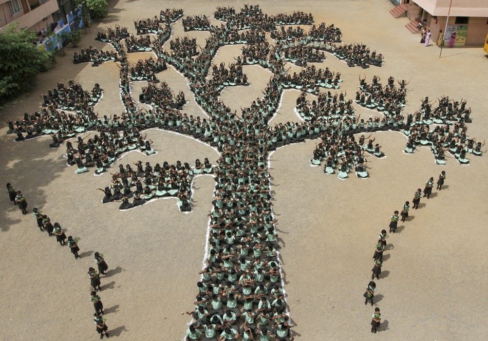 Students make a formation of a tree during a programme to create awareness to save trees and forests, in the southern Indian city of Chennai