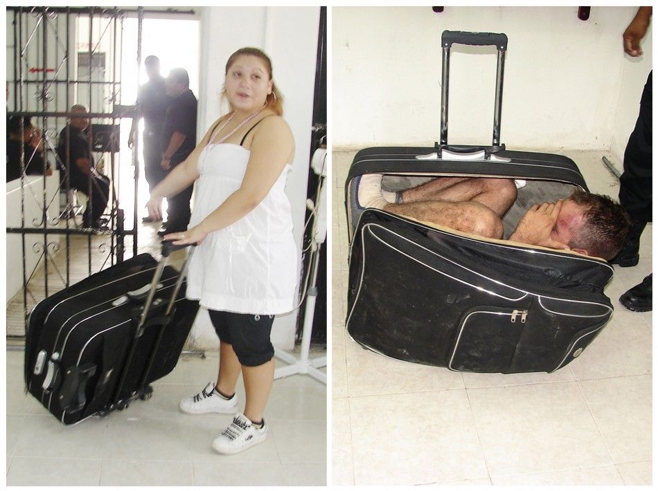 Handout photographs of Mexican prisoner trying to escape from jail inside a suitcase