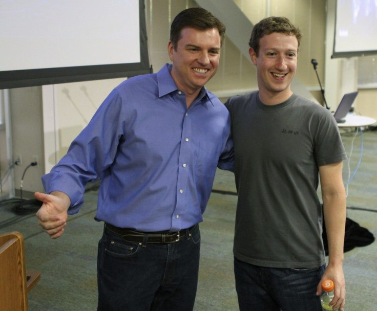 Skype CEO Tony Bates and Facebook CEO Mark Zuckerberg pose after a news conference in Palo Alto, California