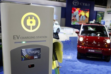 An electric car charging station is seen at the North American International Auto Show in Detroit.
