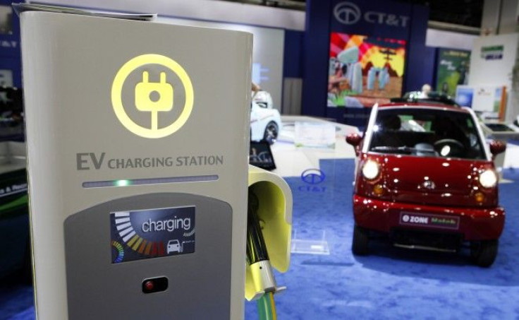 An electric car charging station is seen at the North American International Auto Show in Detroit.