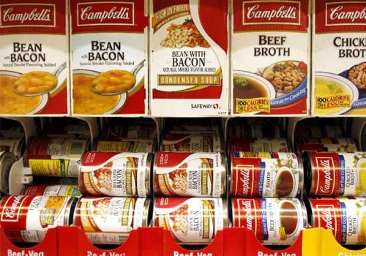Cans of Campbell's Soup are stocked on a shelf at a grocery store in Phoenix