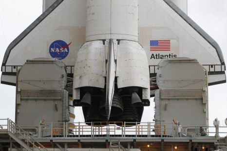 The aft section of space shuttle Atlantis STS-135 is shown after the protective Rotating Service Structure was rolled back on launch pad 39A at the Kennedy Space Center in Cape Canaveral
