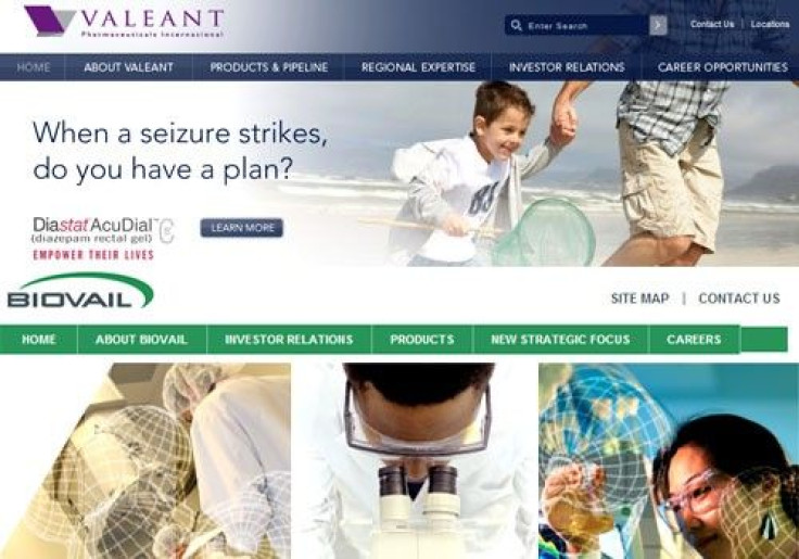 A combination image showing the corporate homepages of Valeant Pharmaceuticals International and (bottom) Biovail Corp
