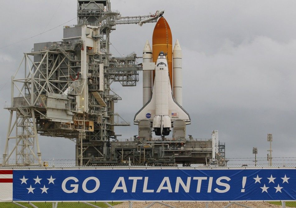 Space shuttle Atlantis is pictured on launch pad 39A after the Rotating Service Structure was rolled back at the Kennedy Space Center in Cape Canaveral, Florida