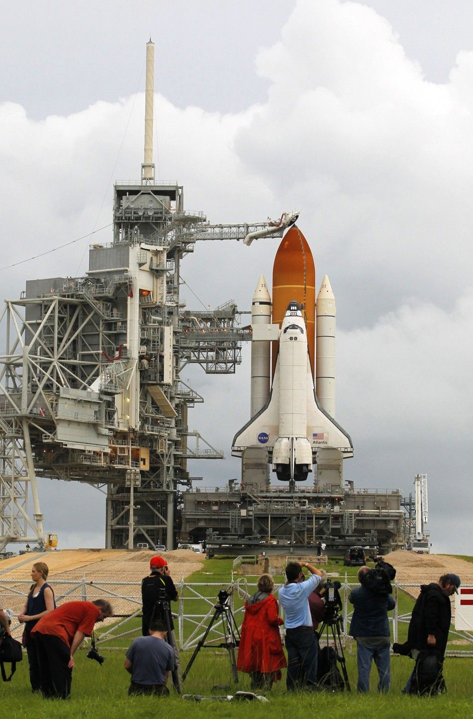 The space shuttle Atlantis is shown on launch pad 39A after the Rotating Service Structure was rolled back at the Kennedy Space Center in Cape Canaveral