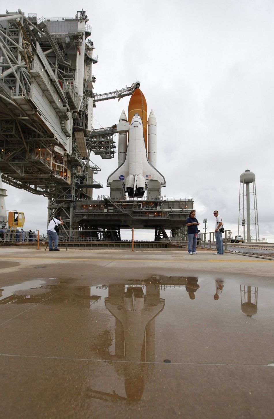 The space shuttle Atlantis is shown on launch pad 39A after the Rotating Service Structure was rolled back at the Kennedy Space Center in Cape Canaveral