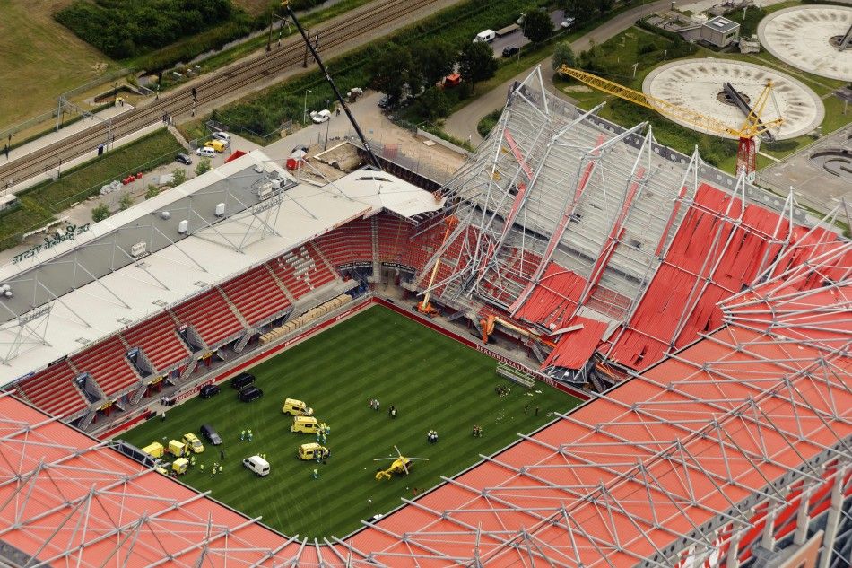An aerial view shows the collapsed roof of the Grolsche Veste soccer stadium of FC Twente Enschede.