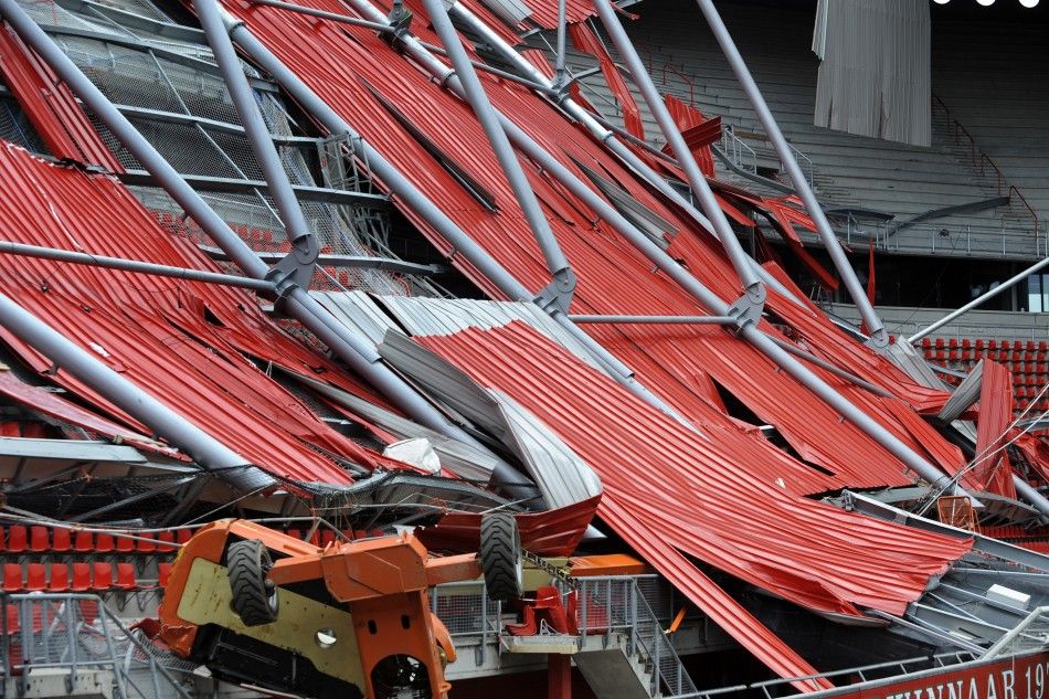 A view of the collapsed roof of the soccer stadium of FC Twente Enschede in Enschede.
