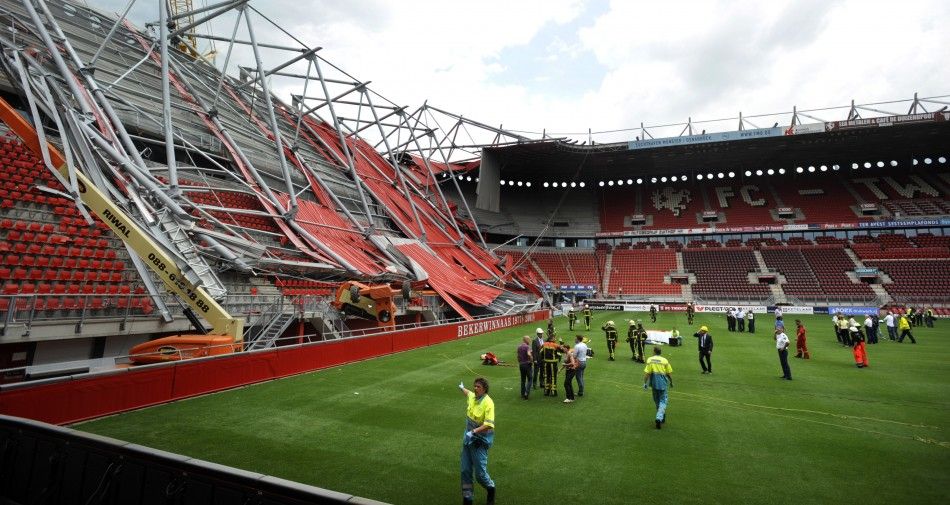 The soccer stadium of FC Twente Enschede is seen after a part of the newly constructed roof collapsed in Enschede.