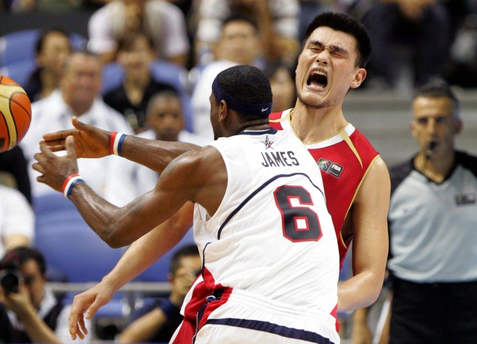 Chinas Yao Ming reacts during their game against Slovenia in the first round of the world basketball championships in S