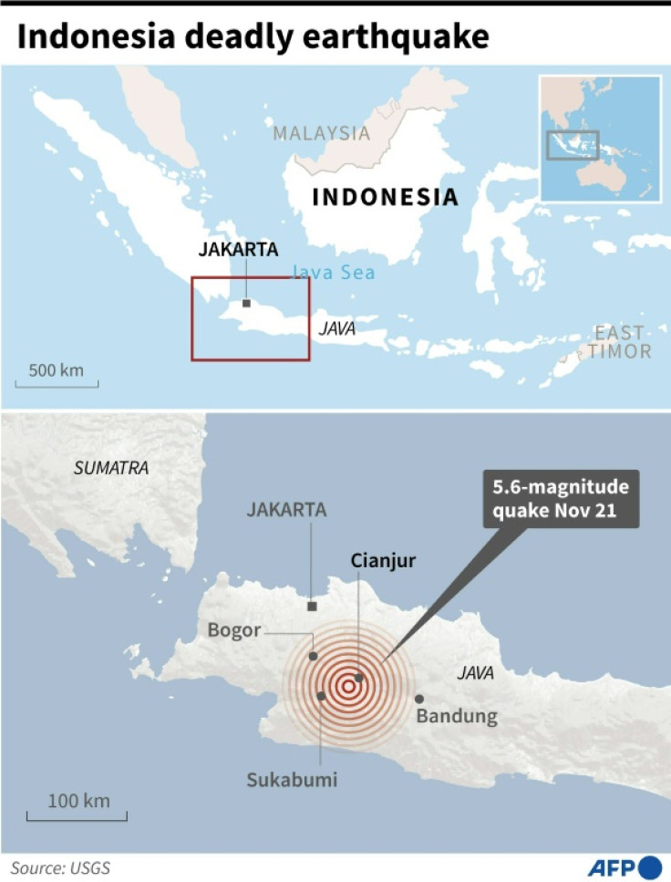 Map locating the epicentre of the revised 5.6-magnitude earthquake on Java, Indonesia November 21