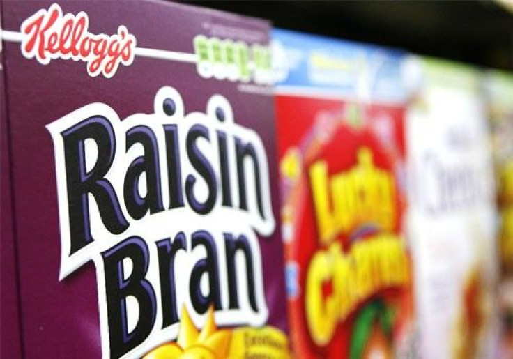 Boxes of Kellogg's cereal are seen stacked in a supermarket in New York