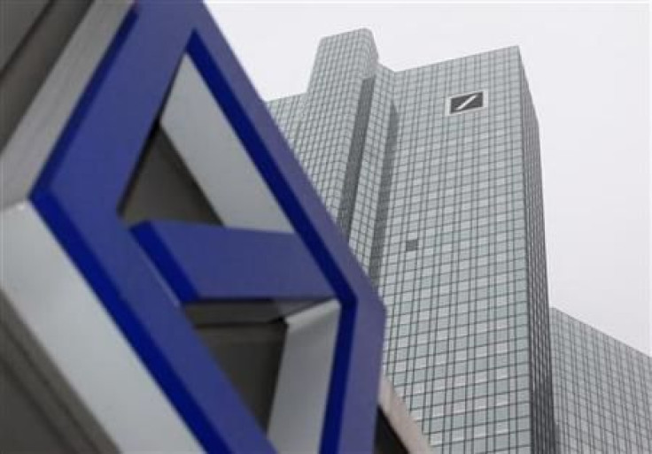 A Deutsche Bank logo is pictured in front of the Deutsche Bank headquarters in Frankfurt