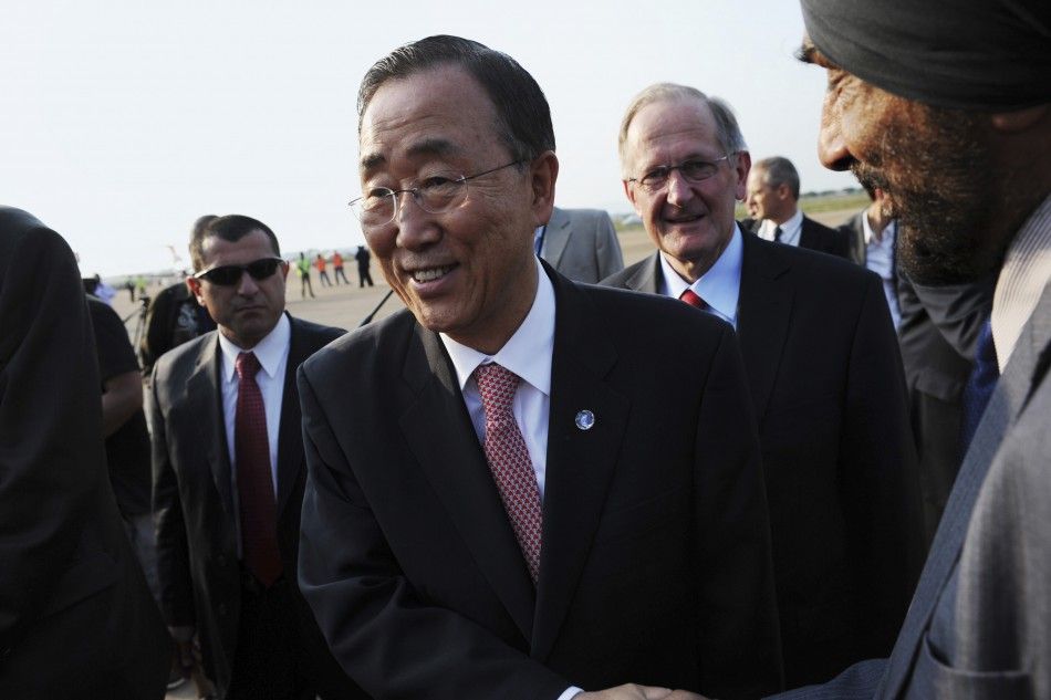 U.N. Secretary-General Ban Ki-Moon is greeted at Juba airport