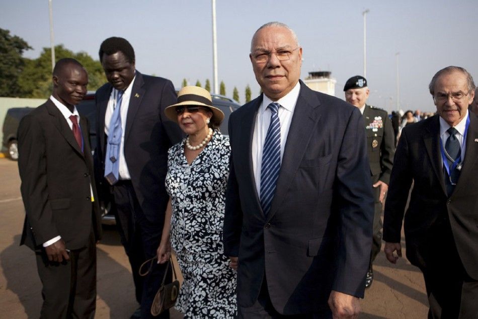 Colin Powell arrives at Juba airport for the Independence Day celebrations