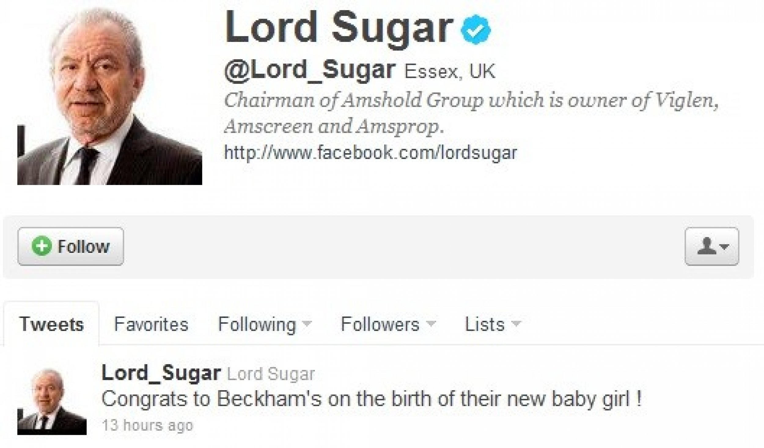 Top celebrity tweets congratulating David and Victoria Beckham for their baby daughter.