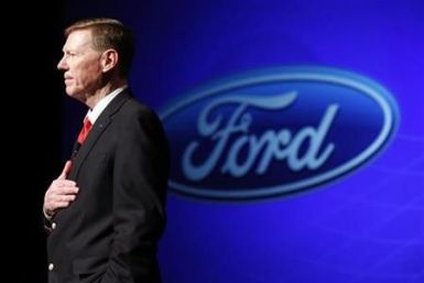 Ford Motor Company CEO Mulally speaks at the 2010 New York International Auto Show in New York