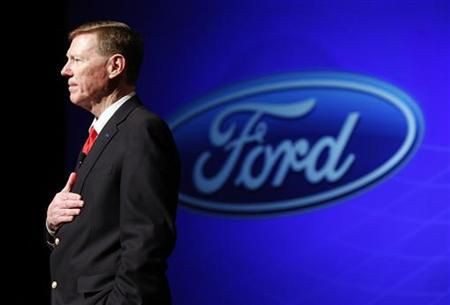 Ford Motor Company CEO Mulally speaks at the 2010 New York International Auto Show in New York