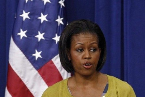 U.S. First Lady Michelle Obama speaks about childhood obesity at the Eisenhower Executive Office Building in Washington, April 9, 2010. 