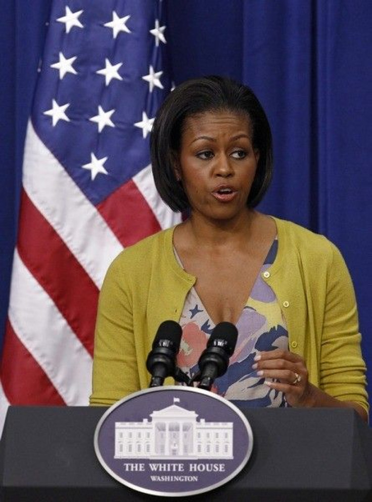 U.S. First Lady Michelle Obama speaks about childhood obesity at the Eisenhower Executive Office Building in Washington, April 9, 2010. 