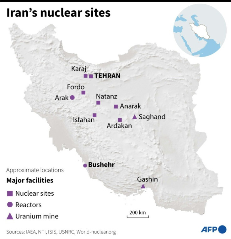 Map of Iran showing main nuclear facilities.