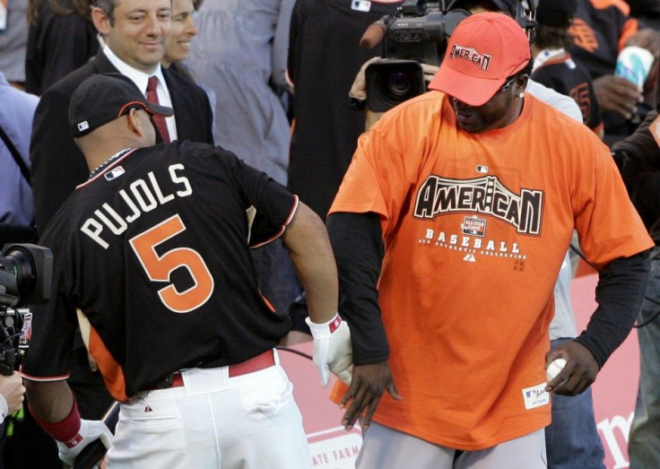 National League All-Star Pujols and American League All-Star Ortiz joke during the Home Run Derby in San Francisco