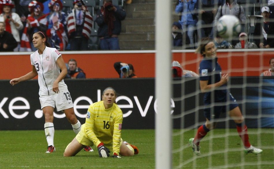 Morgan of the U.S. scores a goal during the Womens World Cup semi-final soccer match against France in Monchengladbach