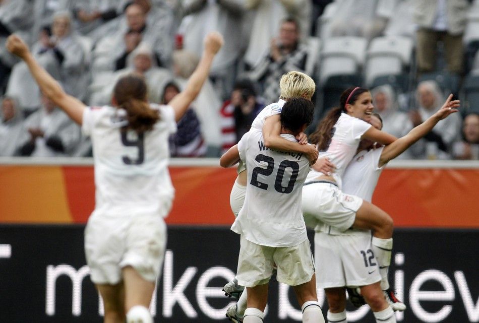 Players of the U.S. celebrate a goal during the Womens World Cup semi-final soccer match against France in Monchengladbach