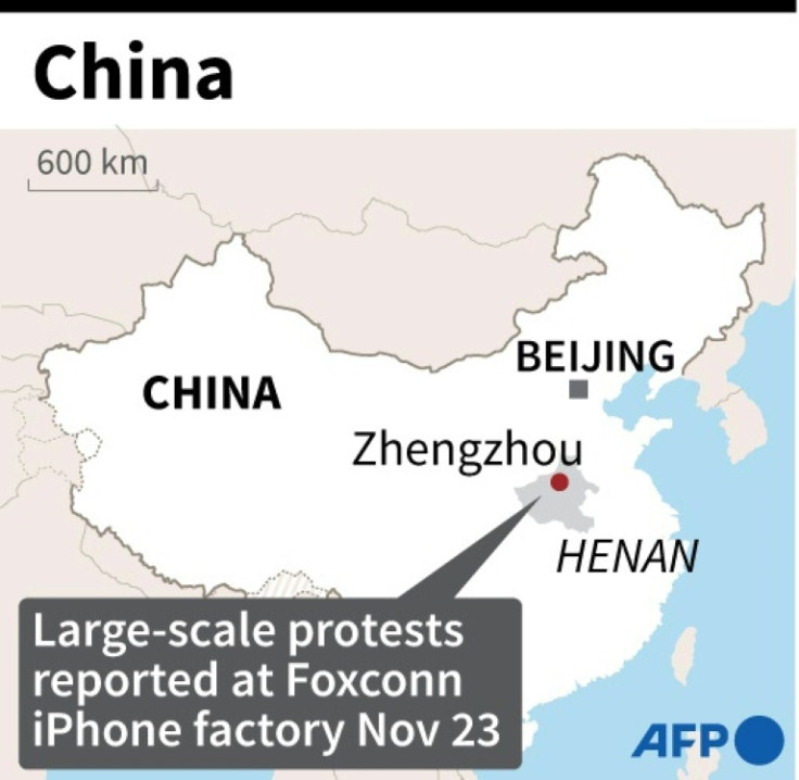 Map locating Zhengzhou, China, where large-scale protests reportedly broke out at Foxconn's vast iPhone factory, according to images circulating on social media on Wednesday.