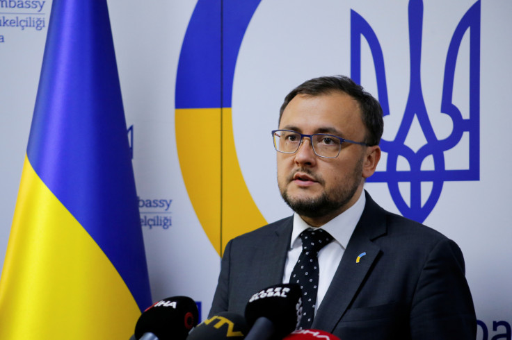 Ukrainian Ambassador to Turkey Vasyl Bodnar speaks during a news conference in Ankara