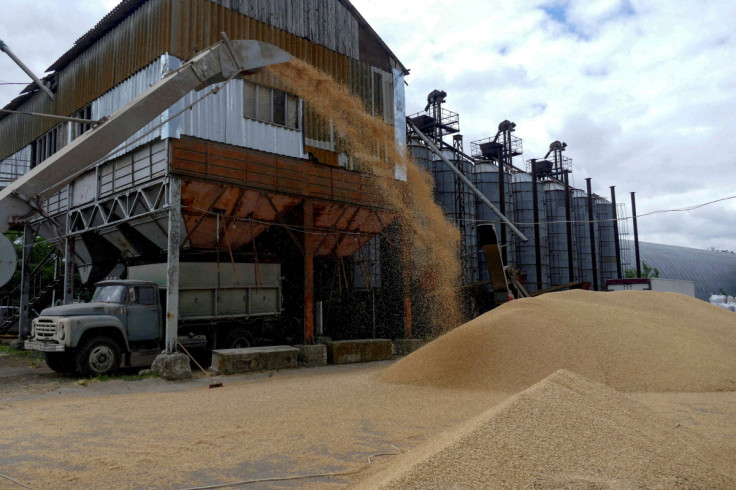 A truck is seen at a grain terminal during barley harvesting in Ukraine