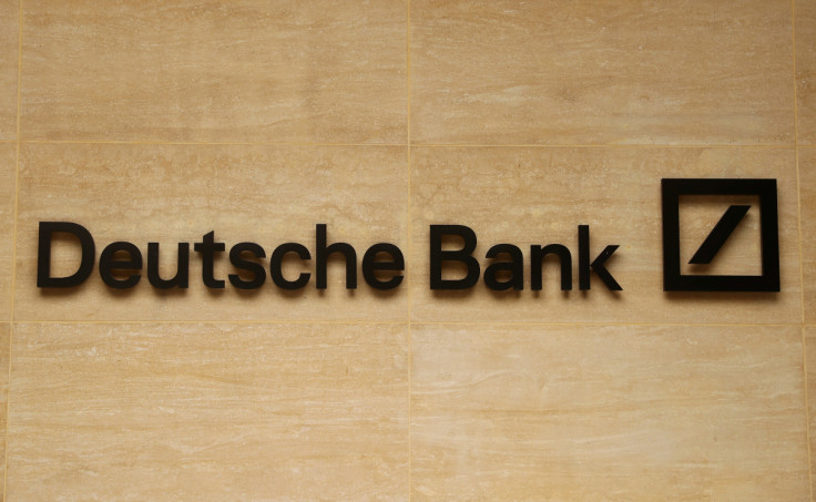 The logo of Deutsche Bank is pictured on a company's office in London