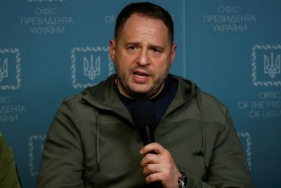 Head of Ukraine's Presidential Office Andriy Yermak attends a news briefing in Kyiv