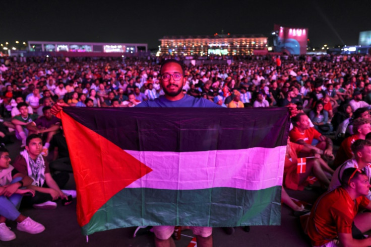 A fan displays a Palestinian flag during the World Cup