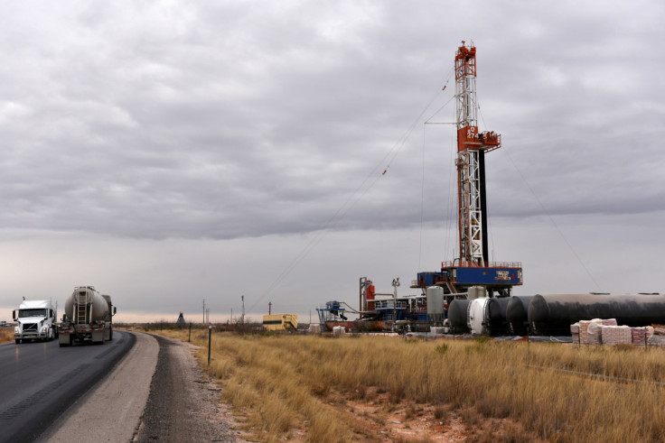 A drilling rig operates in the Permian Basin oil and natural gas producing area in Lea County