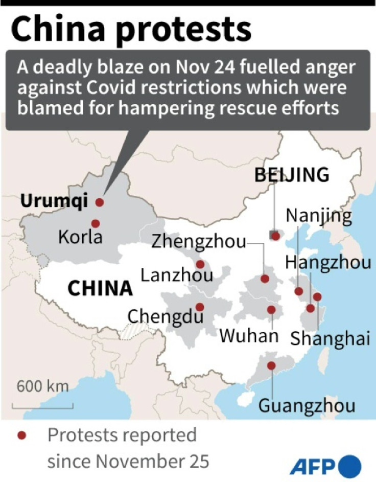 Map locating cities in China, where protests reportedly broke out since November 25, fuelled by anger against Covid lockdown policies.