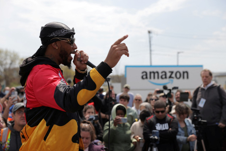 Amazon Labour Union (ALU) organizer Christian Smalls speaks at an Amazon facility during a rally in Staten Island, New York City