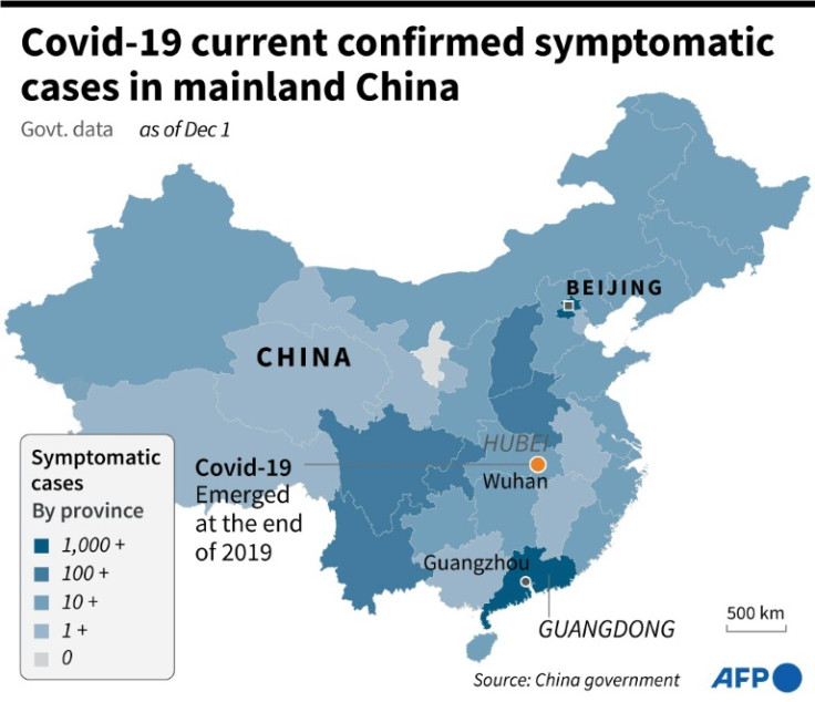 Map showing current symptomatic cases of the Covid-19 around mainland China as of Dec 1