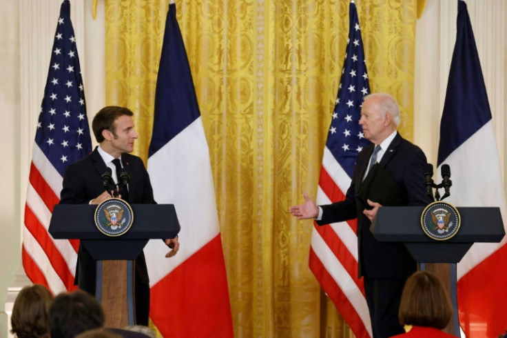 US President Joe Biden and French President Emmanuel Macron hold a joint press conference in the East Room of the White House