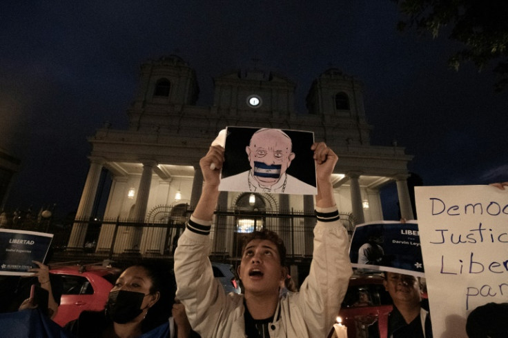 Nicaraguans demonstrate in front of the cathedral in neighboring Costa Rica's capital San Jose in August 2022 against the Nicaraguan government's detention of outspoken bishop Rolando Alvarez