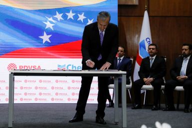 Venezuelan Oil Minister Tareck El Aissami speaks on the Chevron deal, in Caracas
