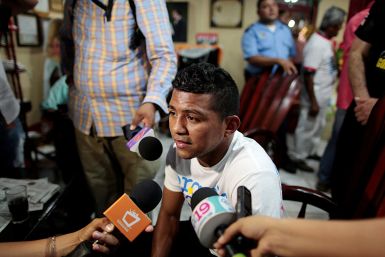 Boxer Roman "El Chocolatito" Gonzalez speaks with local media after his arrival at Augusto C. Sandino international Airport in Managua
